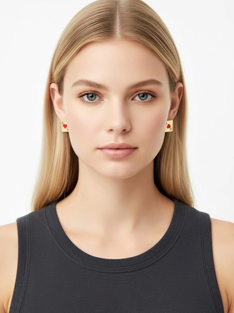 Playing Card Heart Stud Earrings in Gold & Red